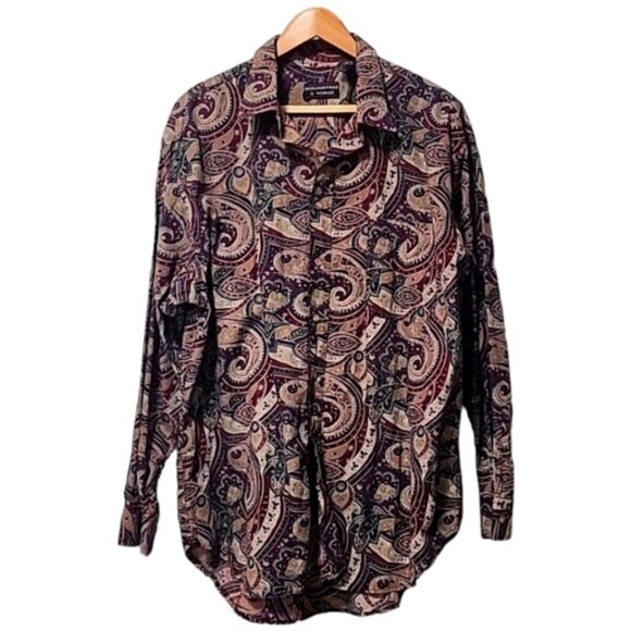 VINTAGE ROUNDTREE & YORK Paisley Button Down Shirt XL Mens Retro Hipster Dress - Picture 12 of 13
